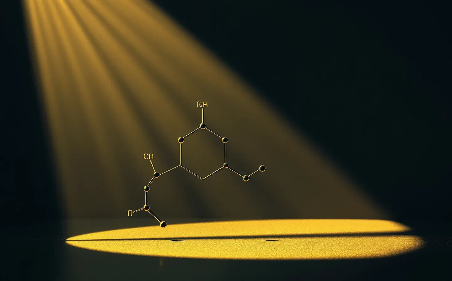 A low-key noir evidence plate: a small steel-blue heptapeptide loop in shadow beside a larger gold parent-protein coil under a single spotlight, on a deep ink ground
